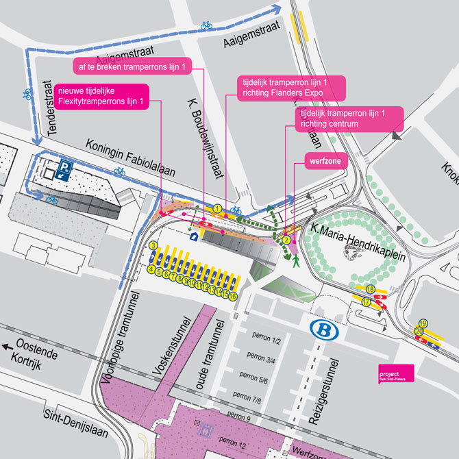 Kaart met werfzones, tijdelijke perrons, aangewezen loop- en fietsroutes en de nieuwe Flexitytramperrons voor Lijn1
